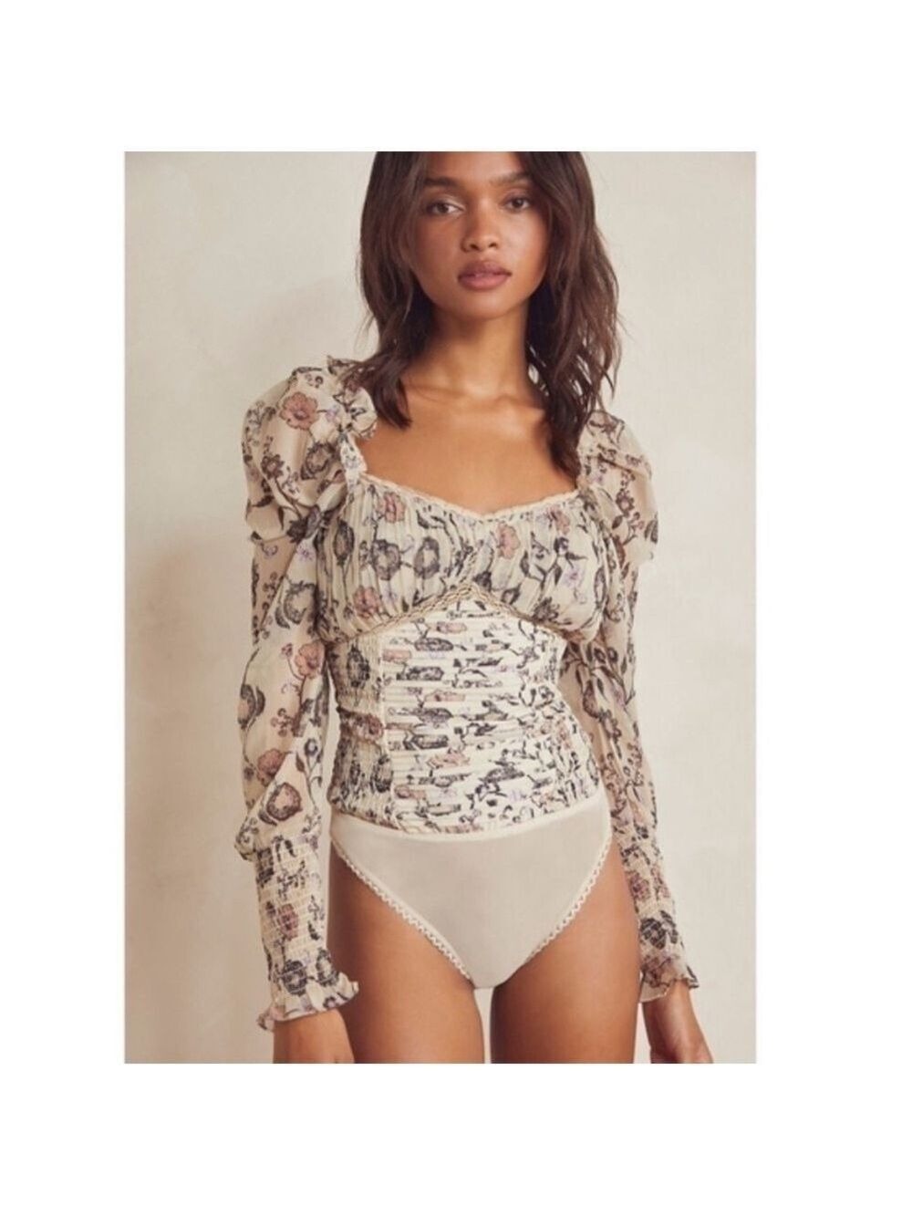 Free People Floral Print Bodysuit - Cream and Black